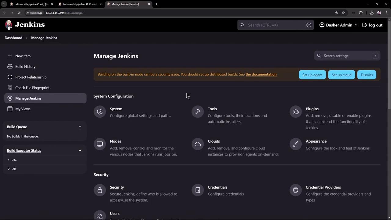 The image shows the "Manage Jenkins" dashboard interface, displaying various configuration and security options for managing Jenkins settings. It includes sections for system configuration, tools, plugins, and security settings.
