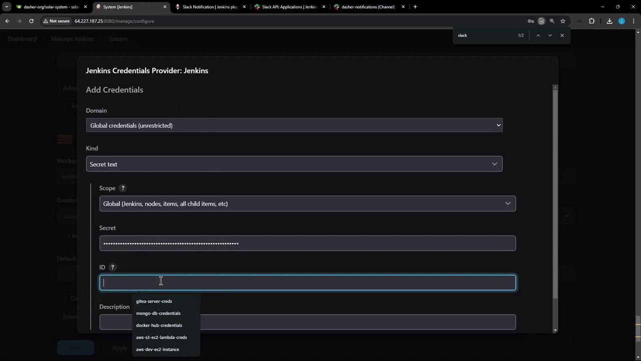 The image shows a Jenkins interface for adding credentials, with fields for domain, kind, scope, secret, ID, and description. The interface is set to add a "Secret text" credential under "Global credentials (unrestricted)."