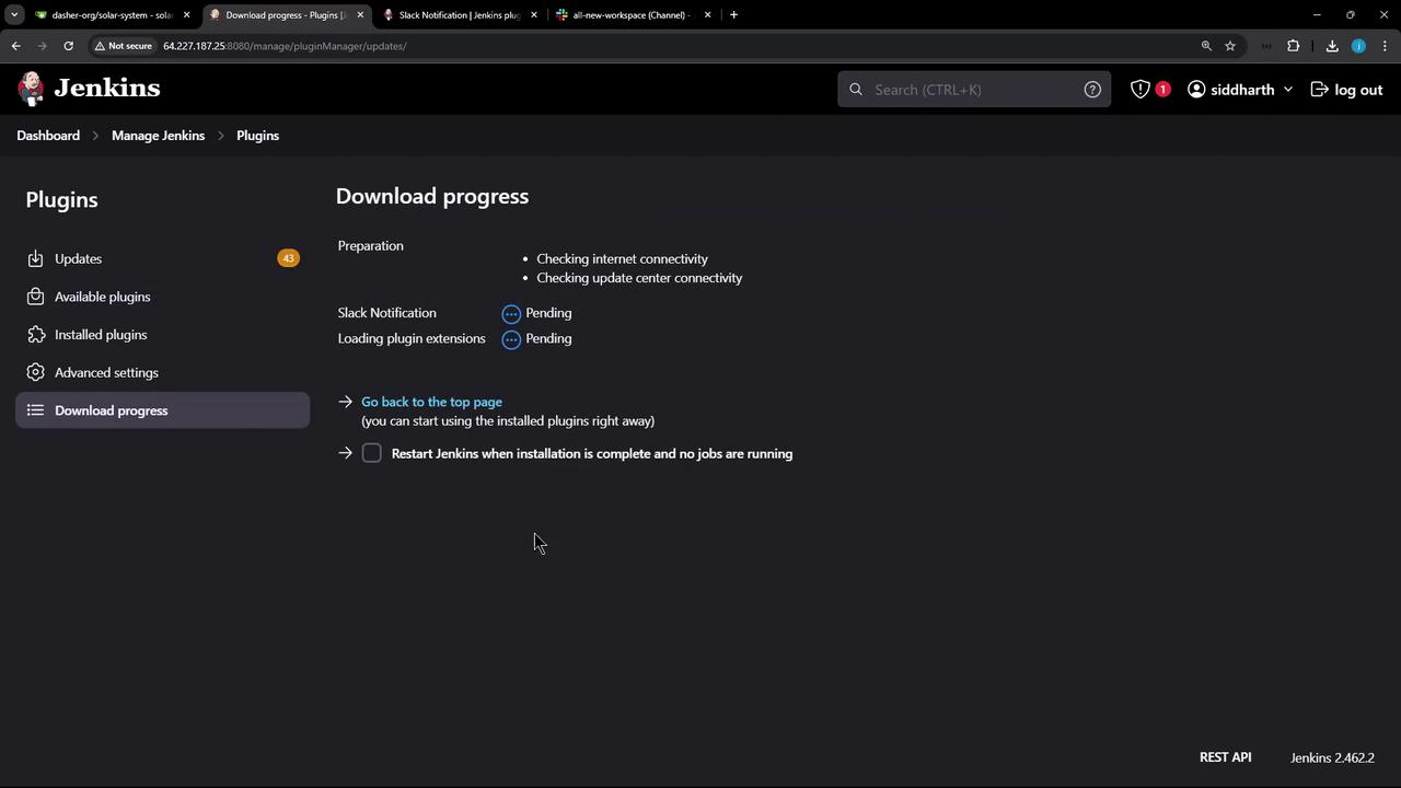 The image shows a Jenkins interface displaying the download progress of plugins, with various statuses like "Pending" and options for managing plugins.