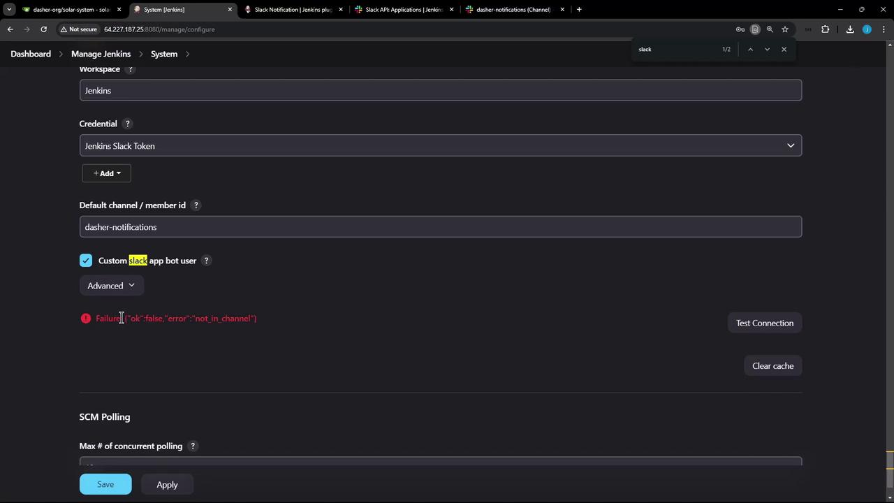 The image shows a Jenkins system configuration page for Slack integration, with an error message indicating a connection failure due to the bot not being in the channel.