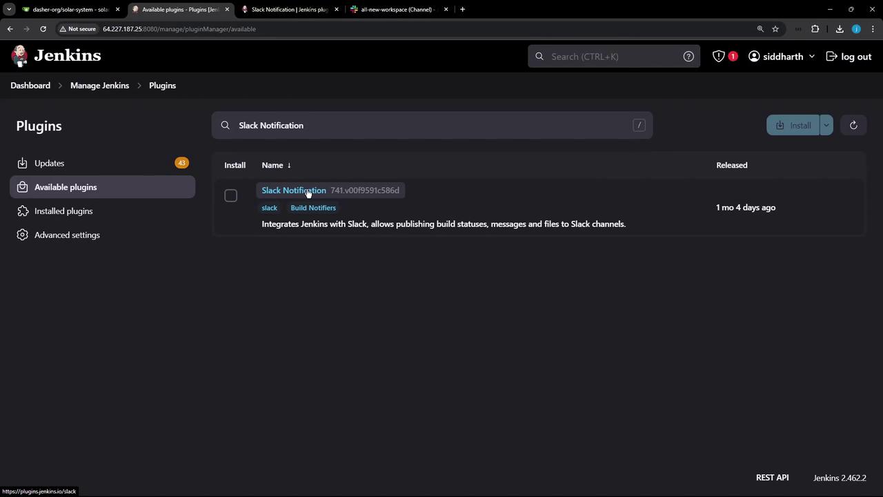The image shows the Jenkins plugin management interface, specifically displaying the "Slack Notification" plugin available for installation. It integrates Jenkins with Slack to publish build statuses, messages, and files to Slack channels.