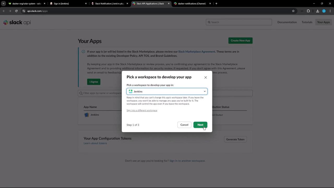 The image shows a Slack API webpage where a user is selecting a workspace to develop an app, with a pop-up window displaying options and a "Next" button.
