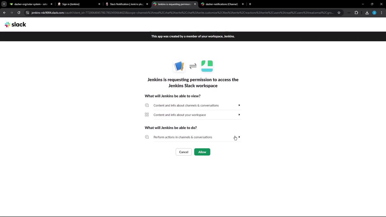 The image shows a Slack authorization page where Jenkins is requesting permission to access a Slack workspace. It lists what Jenkins will be able to view and do, with options to cancel or allow.