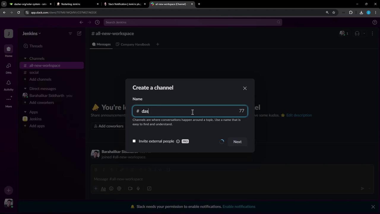 The image shows a Slack interface where a user is in the process of creating a new channel named "das" within a workspace. The "Create a channel" dialog box is open, and the user is typing the channel name.