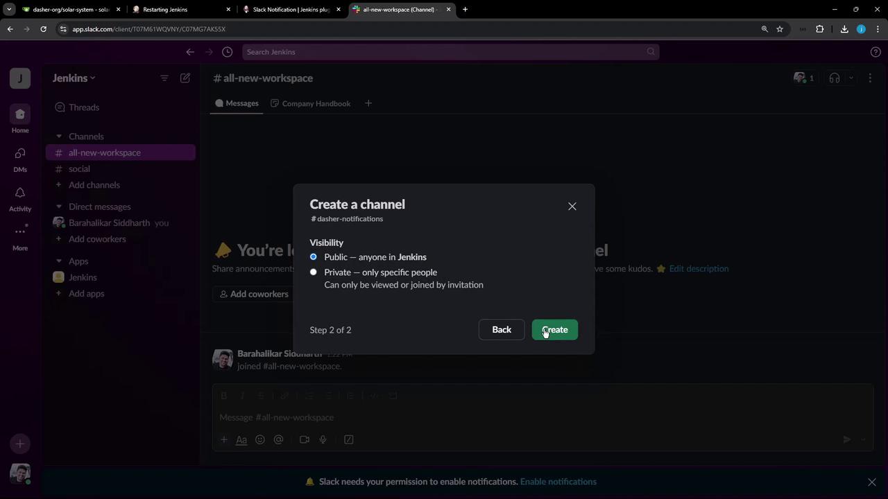 The image shows a Slack interface where a user is creating a new channel named "#dasher-notifications" with visibility options for public or private access.