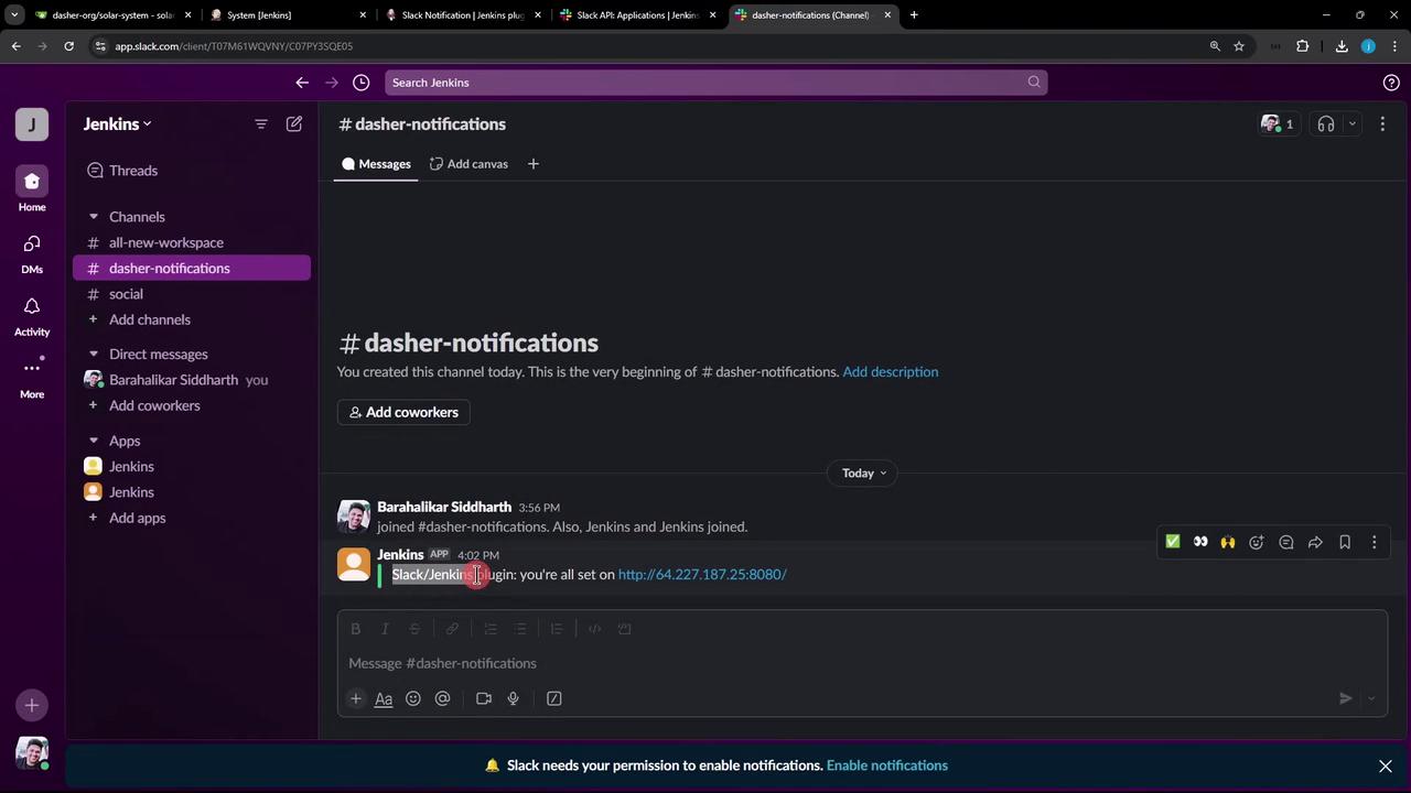 The image shows a Slack workspace with a channel named "#dasher-notifications" open. A message indicates that a user and the Jenkins app have joined the channel.