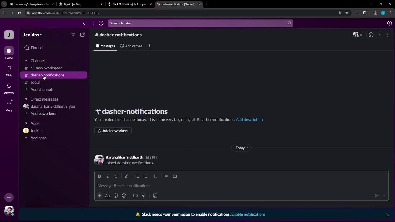 The image shows a Slack workspace interface with a channel named "#dasher-notifications" open. The channel appears to be newly created, with a message from a user and a prompt to enable notifications.