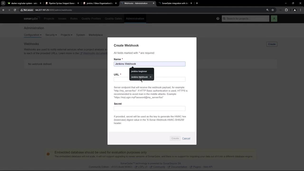 The image shows a "Create Webhook" form in a SonarQube administration interface, where a user is entering details for a Jenkins Webhook.
