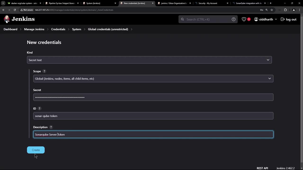 The image shows a Jenkins interface where new credentials are being added, including fields for kind, scope, secret, ID, and description. The "Create" button is highlighted, indicating the process of saving these credentials.