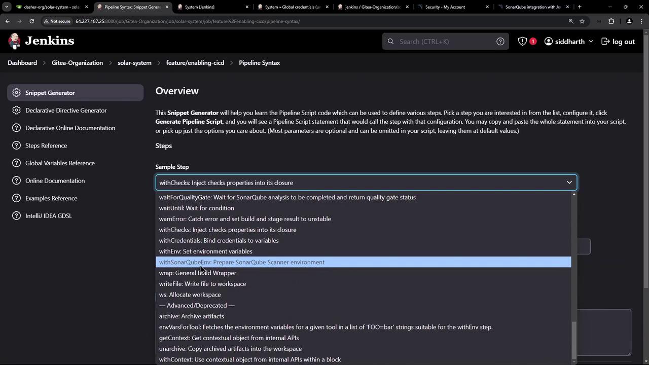 The image shows a Jenkins interface with a "Snippet Generator" for creating pipeline scripts, featuring a dropdown menu with various script steps. The highlighted option is "withSonarQubeEnv: Prepare SonarQube Scanner environment."
