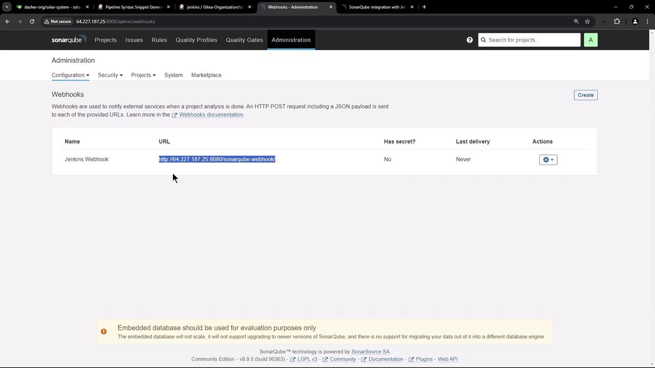 The image shows a SonarQube administration page for managing webhooks, with a specific webhook named "Jenkins Webhook" listed, including its URL and settings.