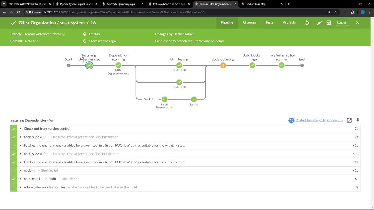 The image shows a Jenkins pipeline interface for a project named "solar-system," detailing stages like installing dependencies, unit testing, and building a Docker image. It includes a timeline with checkmarks indicating completed steps and a section listing specific tasks with their durations.