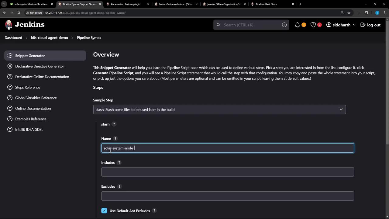 The image shows a Jenkins interface with a "Snippet Generator" for creating pipeline scripts. It includes fields for configuring a stash step, with options for naming and excluding files.