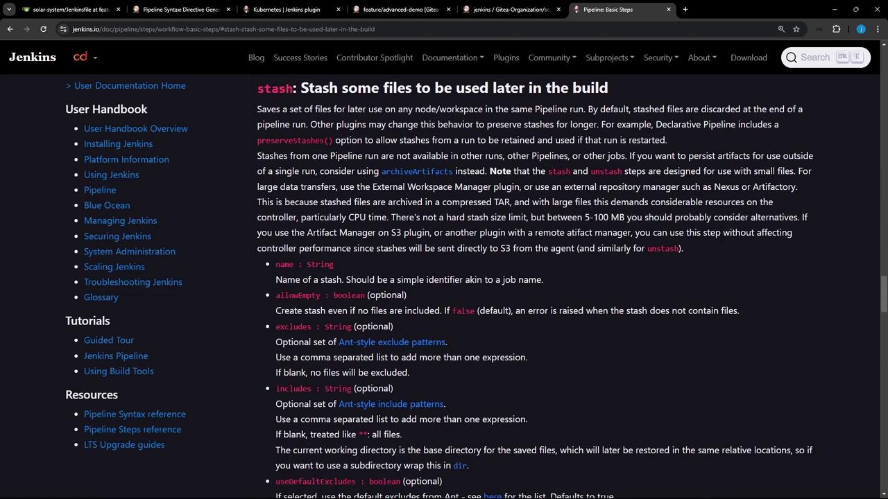 The image shows a webpage from the Jenkins documentation, specifically detailing the "stash" feature used to save files for later use in a build. The page includes a sidebar with links to various sections of the User Handbook and other resources.
