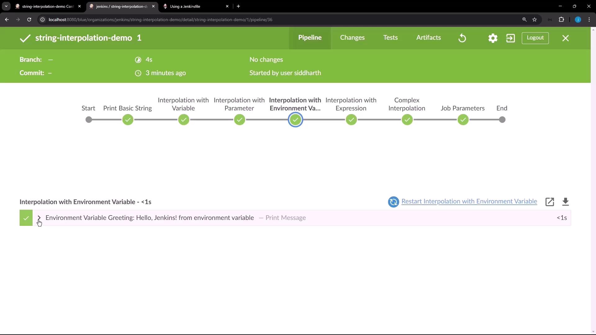 The image shows a Jenkins pipeline interface with a completed "string-interpolation-demo" job, displaying various stages like "Print Basic String" and "Interpolation with Environment Variable," all marked as successful.