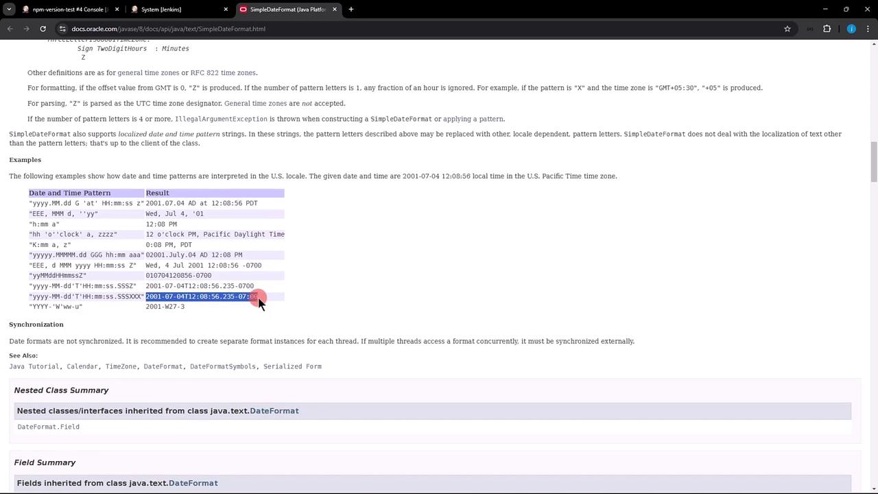 The image shows a webpage from the Oracle Java documentation, specifically detailing the `SimpleDateFormat` class with examples of date and time patterns. A cursor is pointing at one of the examples in the list.