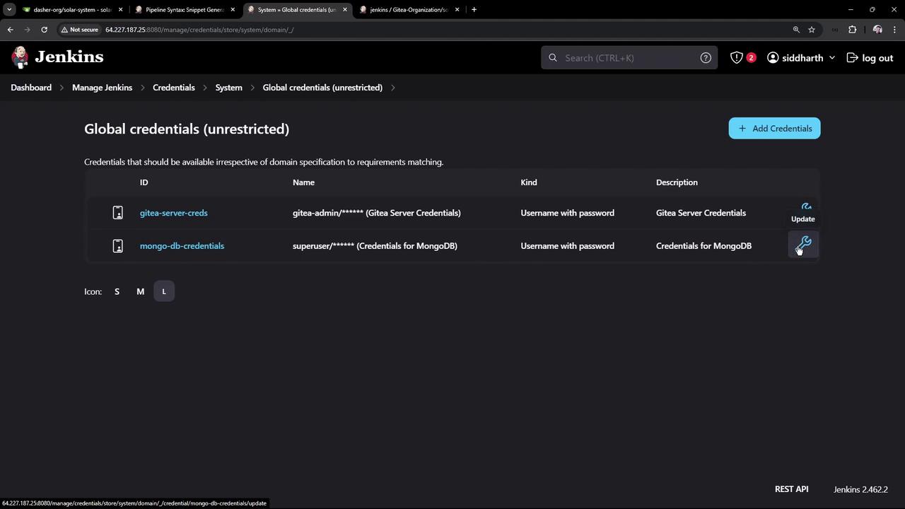The image shows a Jenkins dashboard displaying global credentials, including entries for Gitea server and MongoDB, with options to update them.