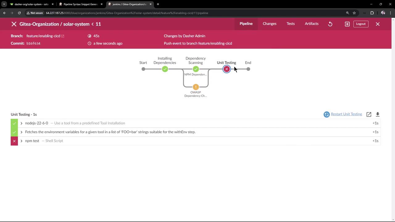 The image shows a Jenkins pipeline interface for a project named "solar-system" with a failed unit testing stage. The pipeline includes stages like installing dependencies and dependency scanning, with a specific failure in the "npm test" step.