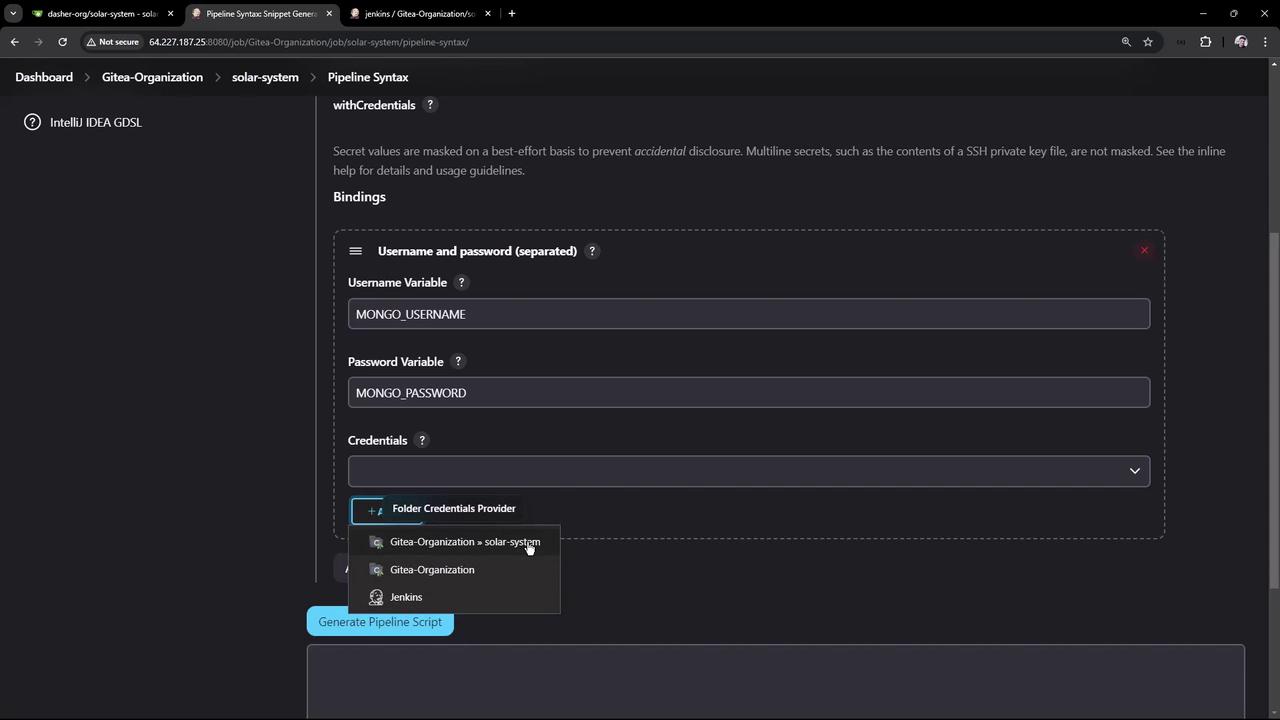 The image shows a Jenkins Pipeline Syntax configuration screen, where username and password variables are being set, with options for selecting credentials from a dropdown menu.
