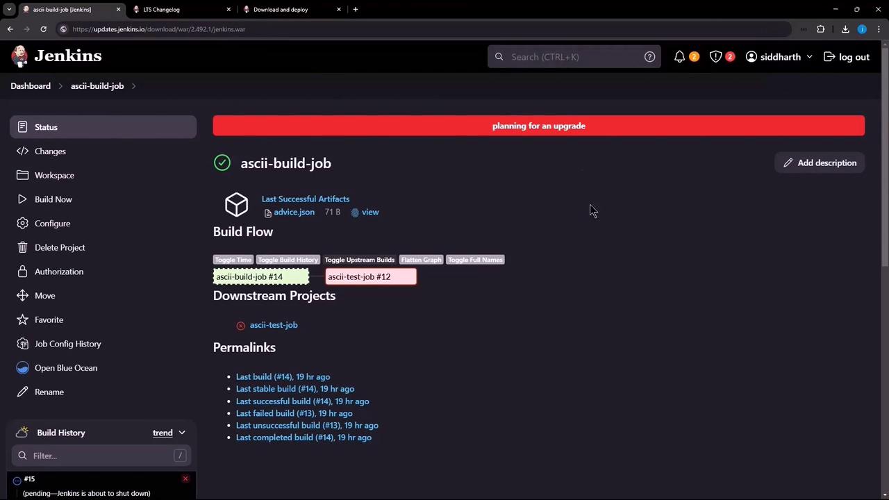 The image shows a Jenkins dashboard for a project named "ascii-build-job," displaying build flow details, downstream projects, and permalinks. A red banner indicates "planning for an upgrade."