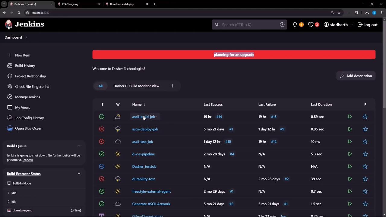The image shows a Jenkins dashboard displaying a list of build jobs with details such as last success, last failure, and duration. The interface includes navigation options and a build queue status.