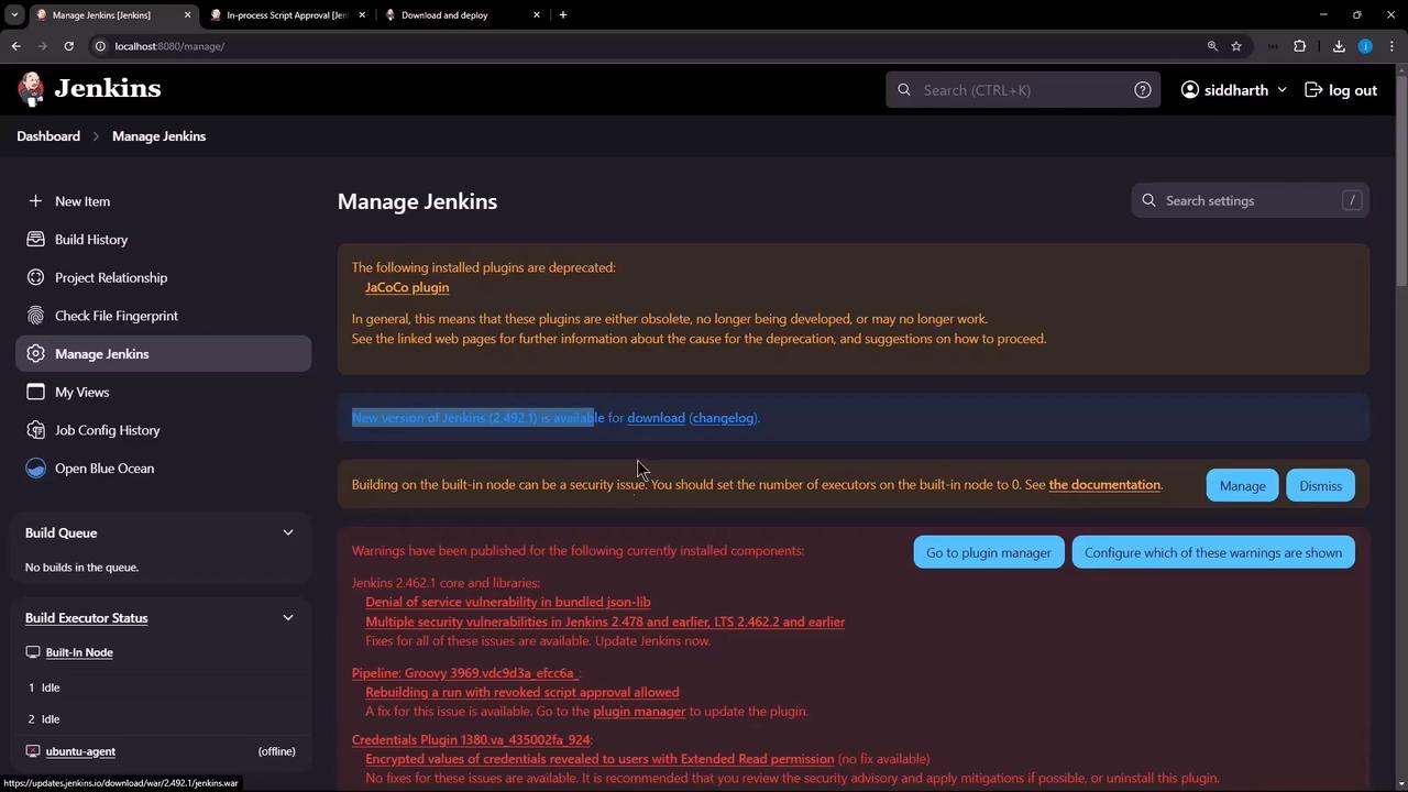 The image shows a Jenkins dashboard interface with various management options and warnings about deprecated plugins and security issues. It also indicates that a new version of Jenkins is available for download.