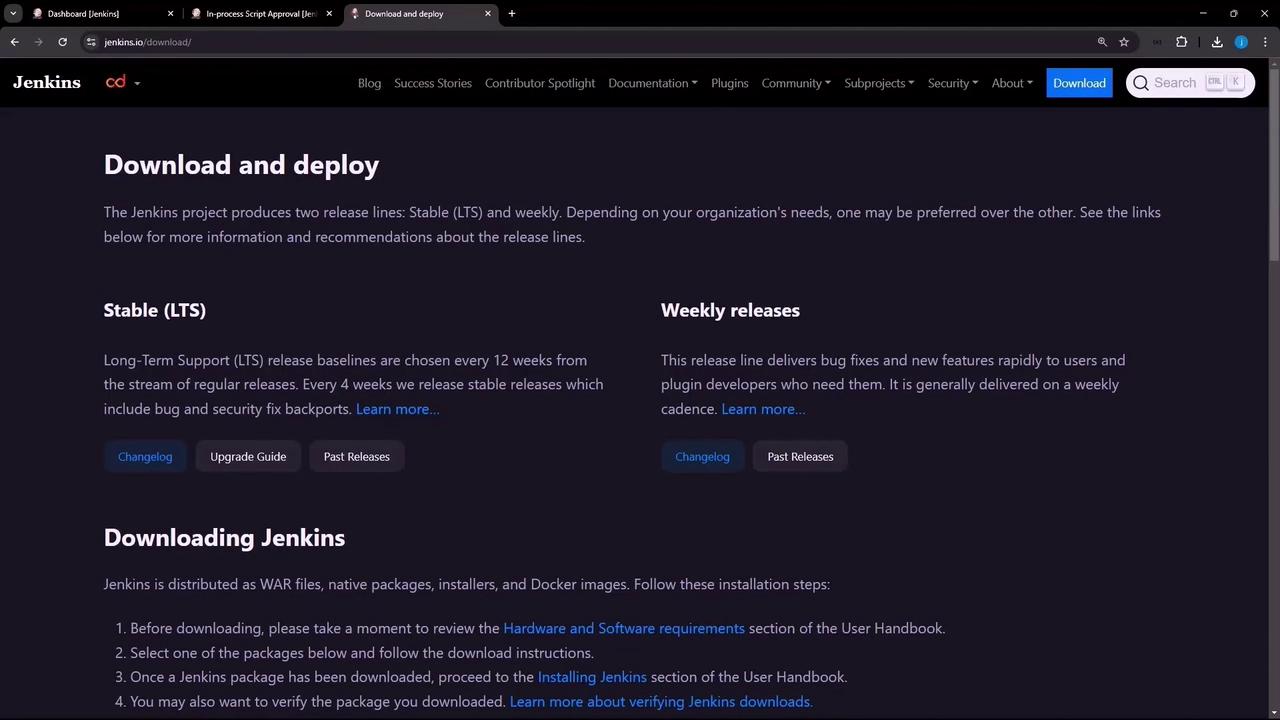 The image shows a webpage from Jenkins.io detailing the download and deployment options for Jenkins, including Stable (LTS) and Weekly releases, along with instructions for downloading Jenkins.