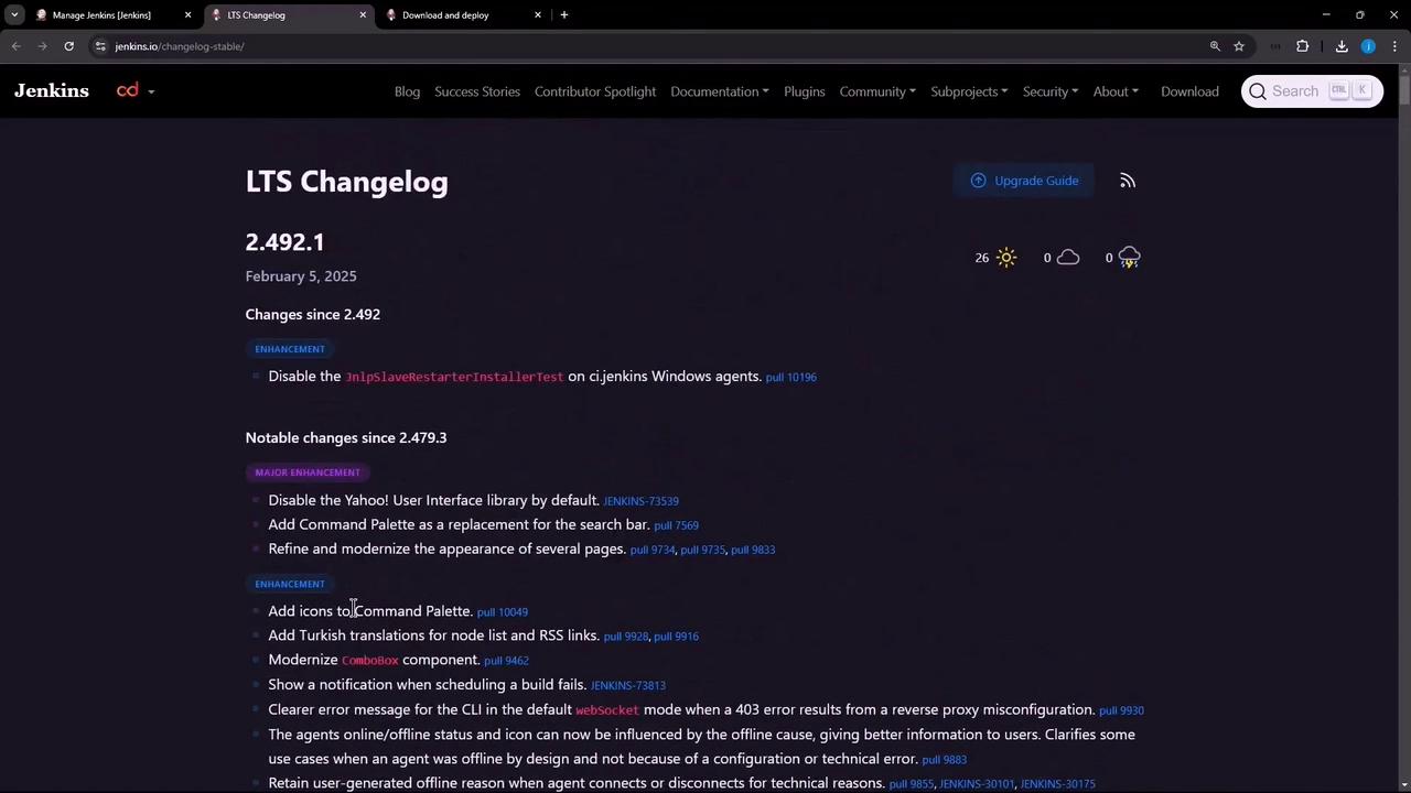 The image shows a webpage displaying the Jenkins LTS Changelog for version 2.492.1, detailing enhancements and notable changes.