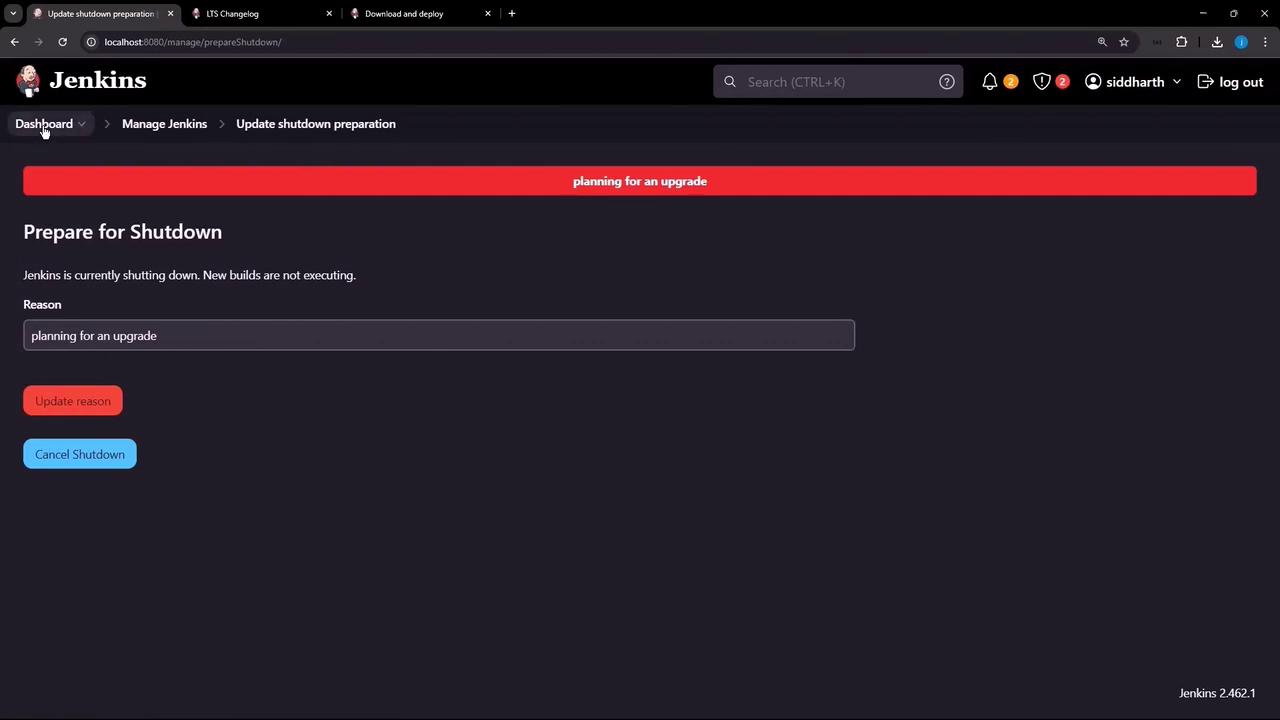 The image shows a Jenkins interface indicating a shutdown in progress for an upgrade, with options to update the reason or cancel the shutdown.