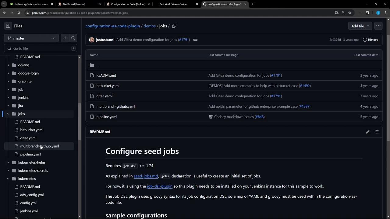 The image shows a GitHub repository page for a Jenkins configuration-as-code plugin, displaying a list of YAML files and a README section about configuring seed jobs.