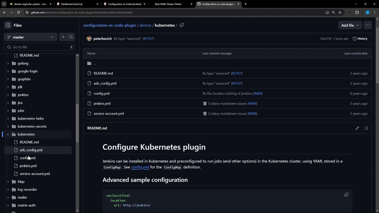 The image shows a GitHub repository page for a project related to configuring a Kubernetes plugin, with a list of files and a README section providing instructions.