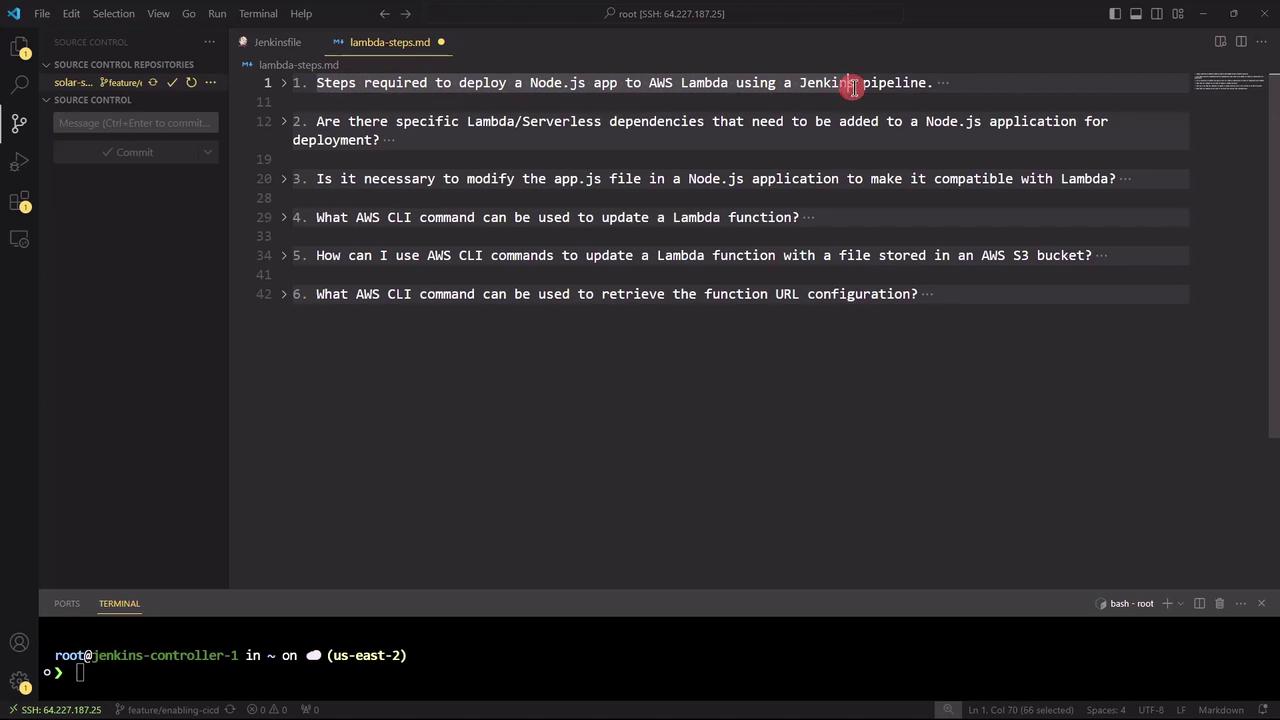 The image shows a Visual Studio Code interface with a markdown file open, containing steps and questions related to deploying a Node.js app to AWS Lambda using a Jenkins pipeline. The terminal at the bottom is connected to a server.