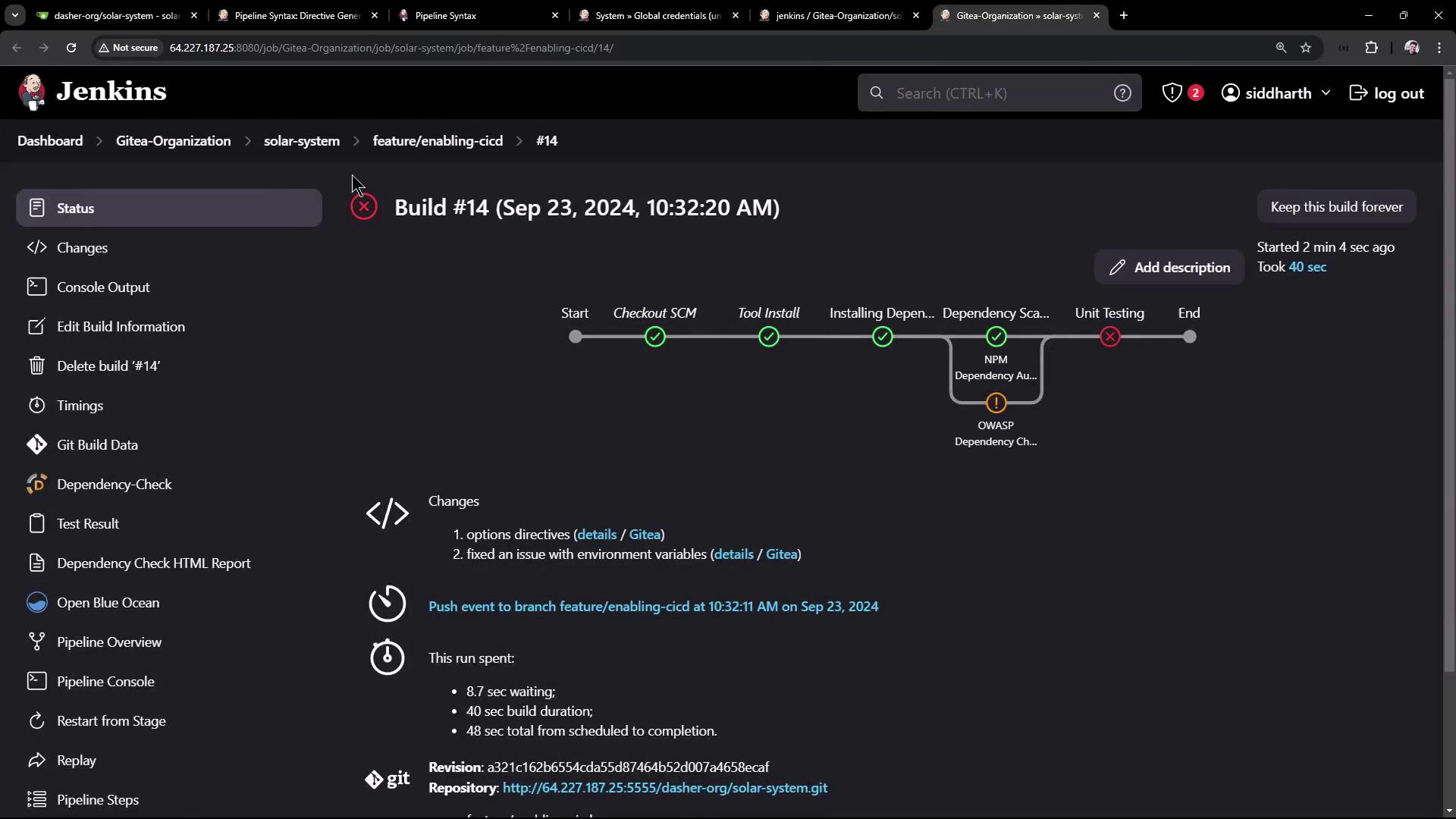 The image shows a Jenkins build pipeline for "Build #14" with various stages, including "Checkout SCM," "Tool Install," and "Unit Testing," where the build has failed at the "Unit Testing" stage.