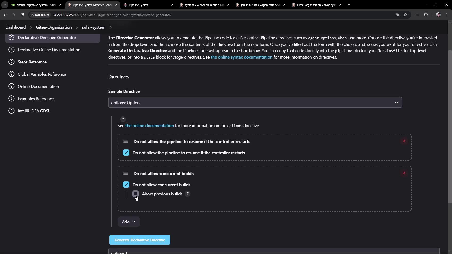 The image shows a Jenkins interface for generating declarative pipeline directives, with options to prevent pipeline resumption and concurrent builds.