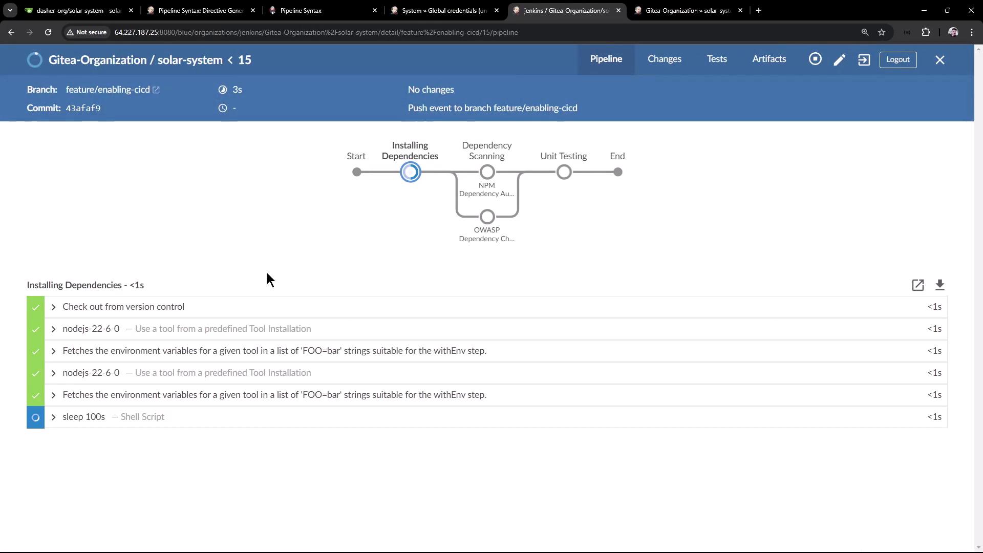 The image shows a Jenkins pipeline interface for a project named "solar-system," displaying the progress of a build process with steps like "Installing Dependencies" and "Dependency Scanning." The current step is "Installing Dependencies," with several completed tasks and one ongoing task labeled "sleep 100s."