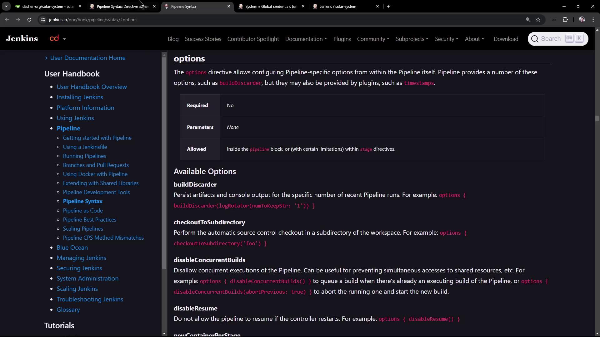 The image shows a webpage from the Jenkins documentation, specifically detailing pipeline syntax options. It includes a navigation menu on the left and descriptions of various pipeline options on the right.