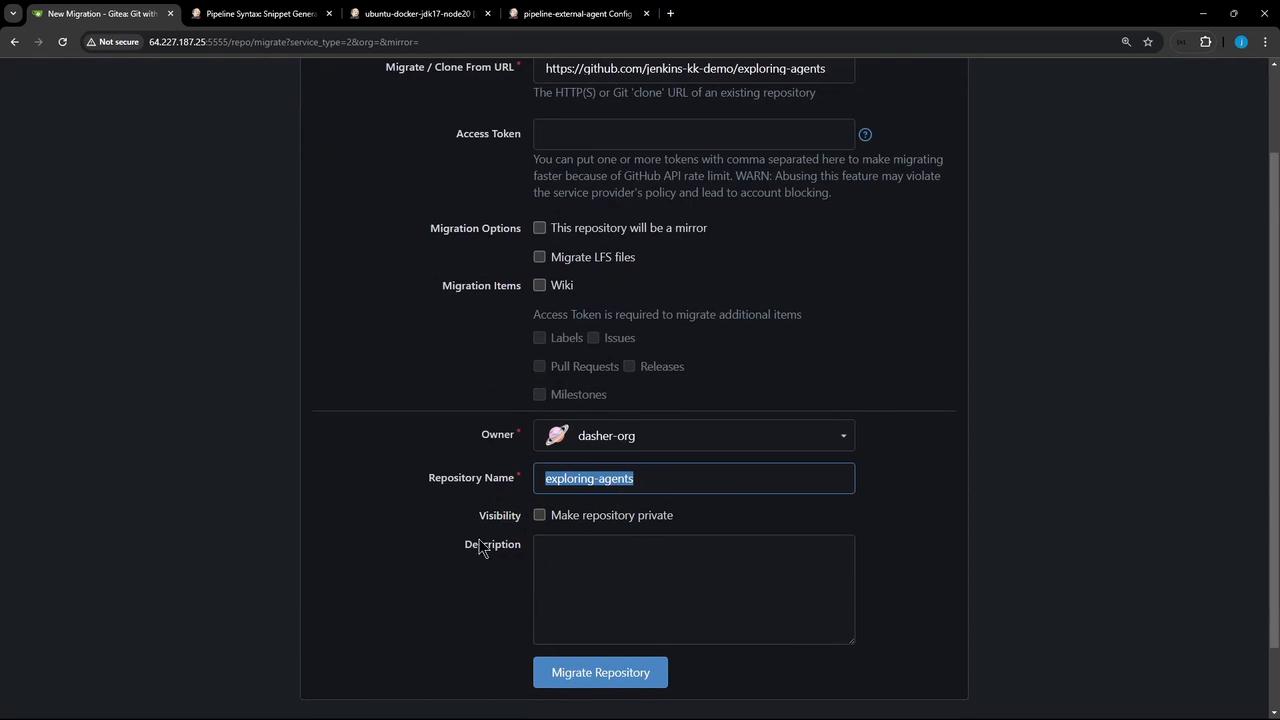 The image shows a web interface for migrating a Git repository, with fields for the repository URL, access token, migration options, and repository details like owner and name.