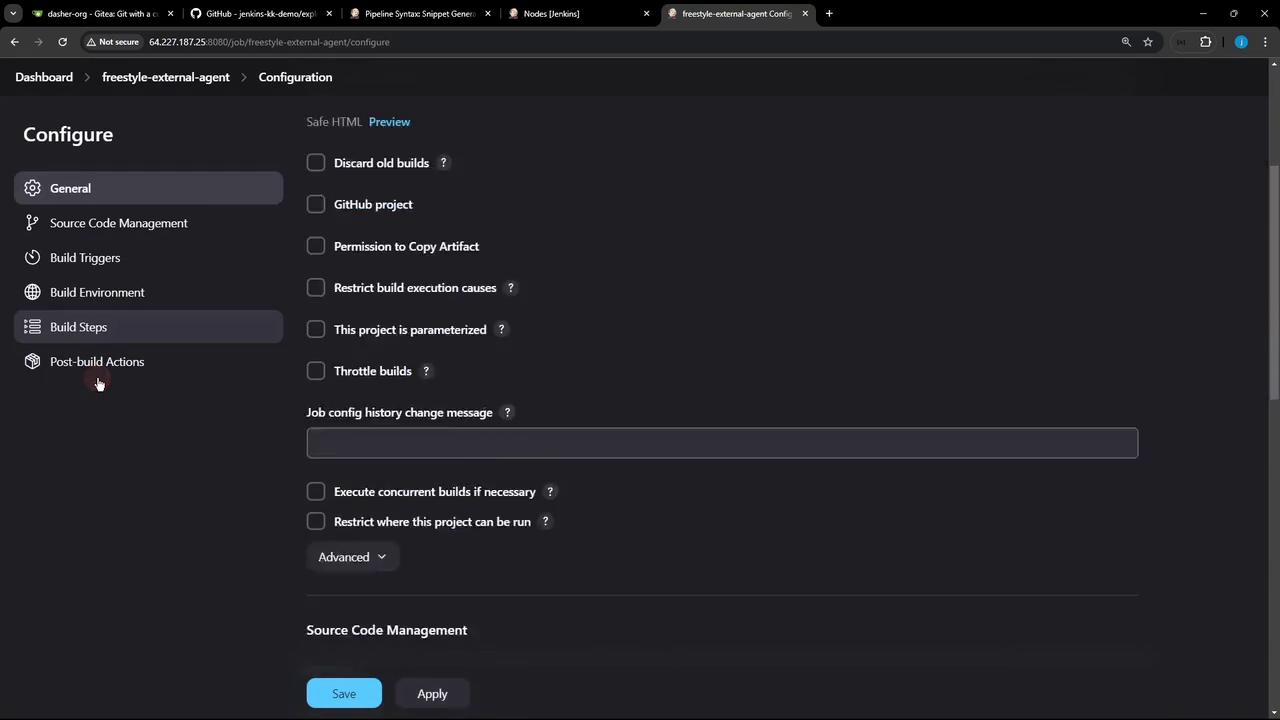 The image shows a Jenkins configuration screen with options for setting up a project, including build triggers, environment, and post-build actions. There are checkboxes for various settings and buttons to save or apply changes.