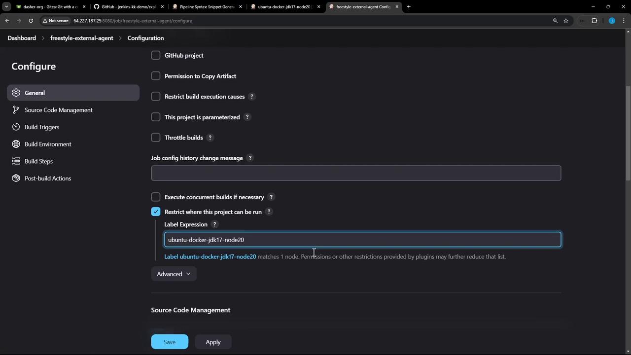 The image shows a Jenkins configuration screen for a project, with options for general settings, source code management, and build triggers. A label expression is set to "ubuntu-docker-jdk17-node20" to restrict where the project can be run.