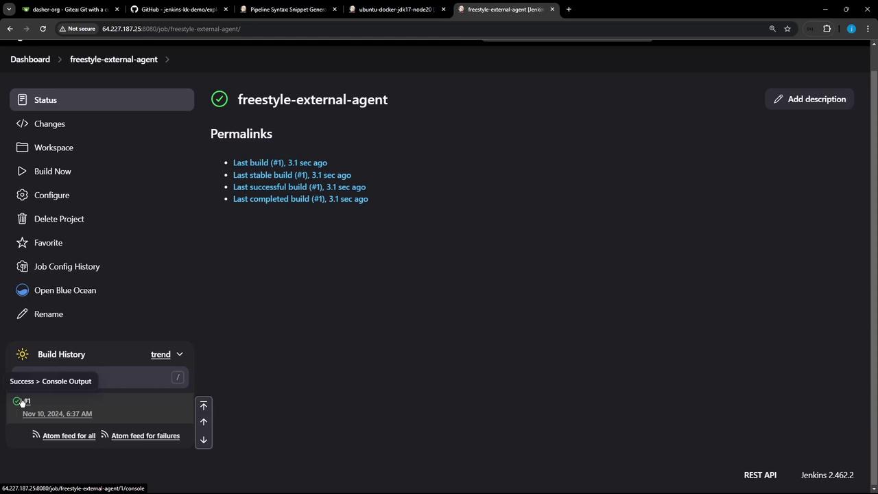 The image shows a Jenkins dashboard for a project named "freestyle-external-agent," displaying build status and history with options for configuration and navigation.