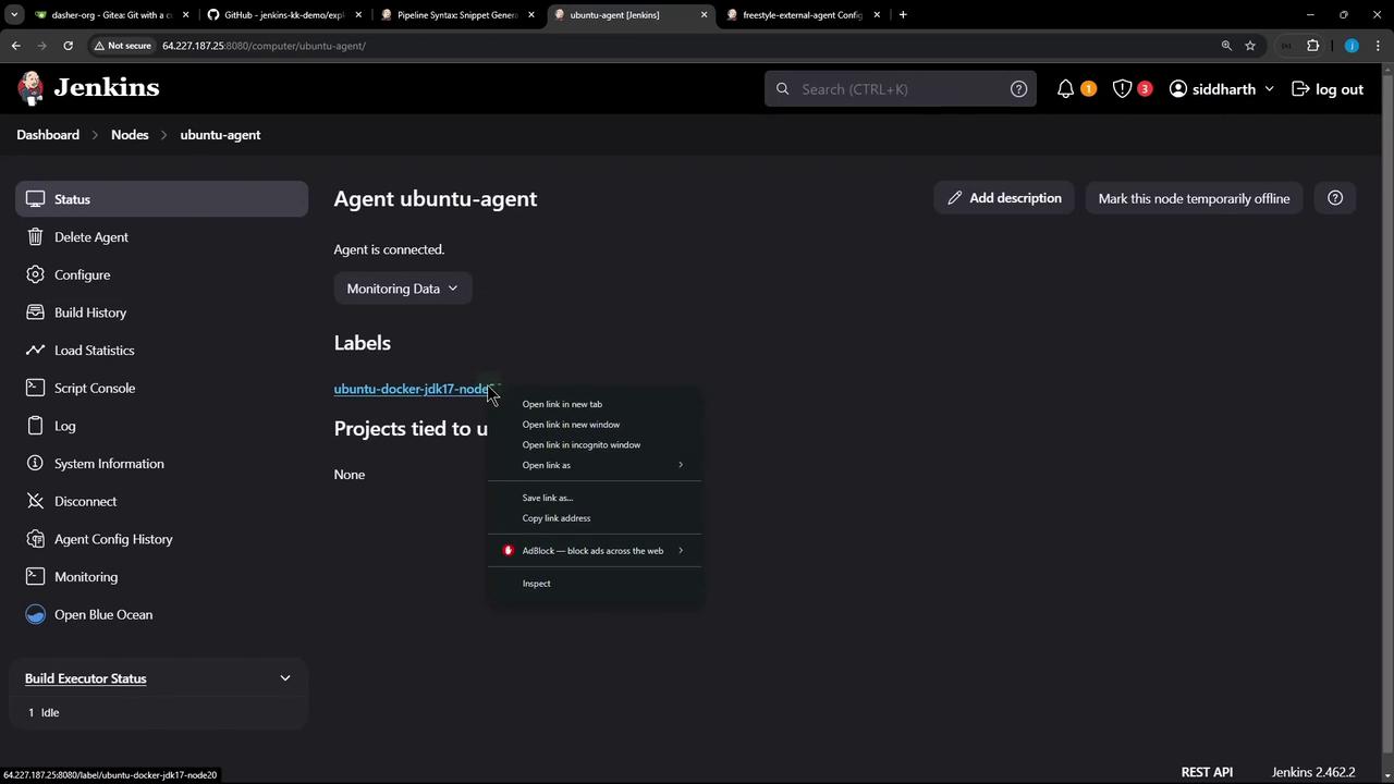 The image shows a Jenkins dashboard for an agent named "ubuntu-agent," displaying its status, labels, and options for configuration and monitoring. A context menu is open, offering options for a link labeled "ubuntu-docker-jdk17-node20."
