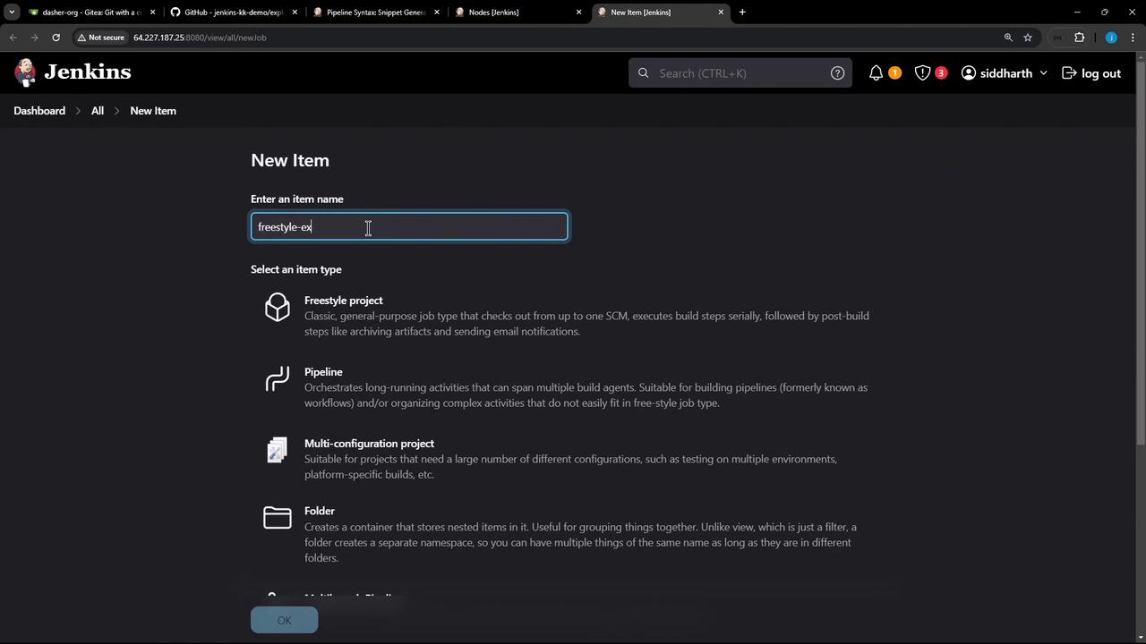 The image shows a Jenkins interface where a user is creating a new item, with options to select different project types like Freestyle project, Pipeline, Multi-configuration project, and Folder.