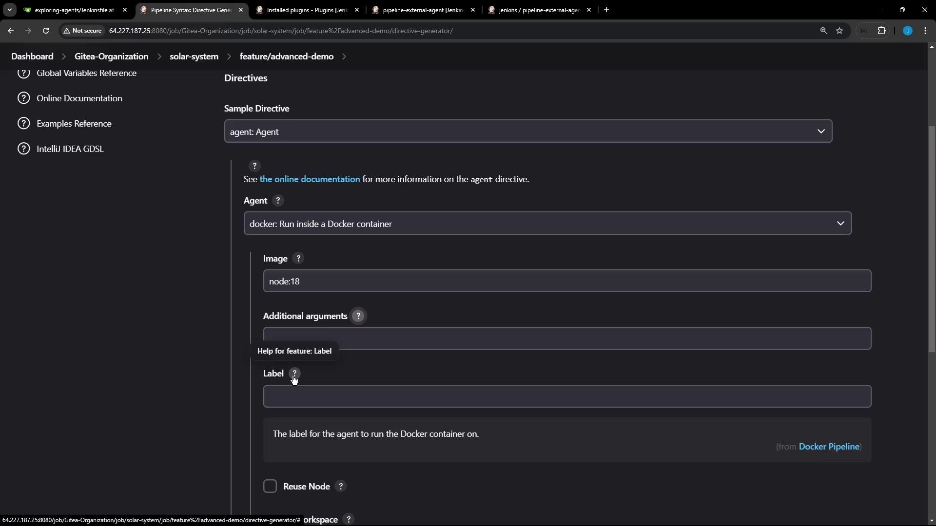 The image shows a Jenkins interface for configuring a Docker agent, with fields for specifying the Docker image, additional arguments, and a label.