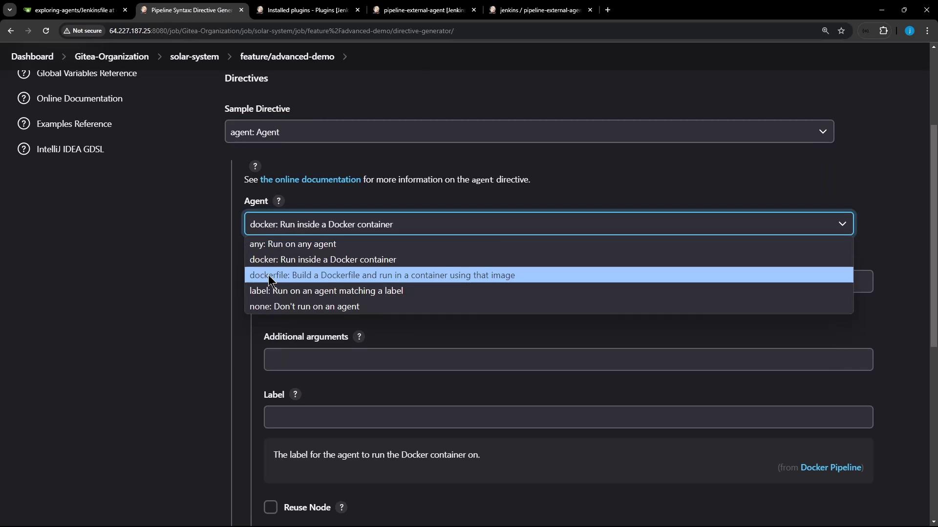 The image shows a software interface with a dropdown menu for selecting an agent directive, including options like running inside a Docker container or building a Dockerfile.