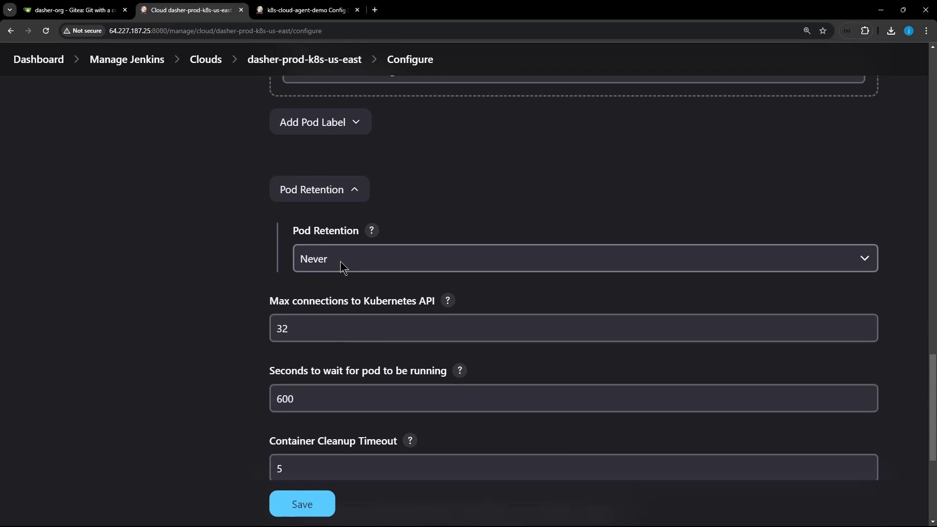 The image shows a configuration screen for a Jenkins cloud setup, with options for pod retention, maximum connections to the Kubernetes API, and other settings.