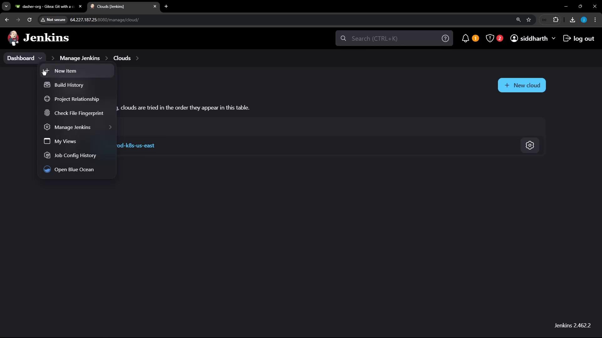 The image shows a Jenkins dashboard interface with a menu open, displaying options like "New Item" and "Build History." There is also a section for managing clouds with a button to add a new cloud.