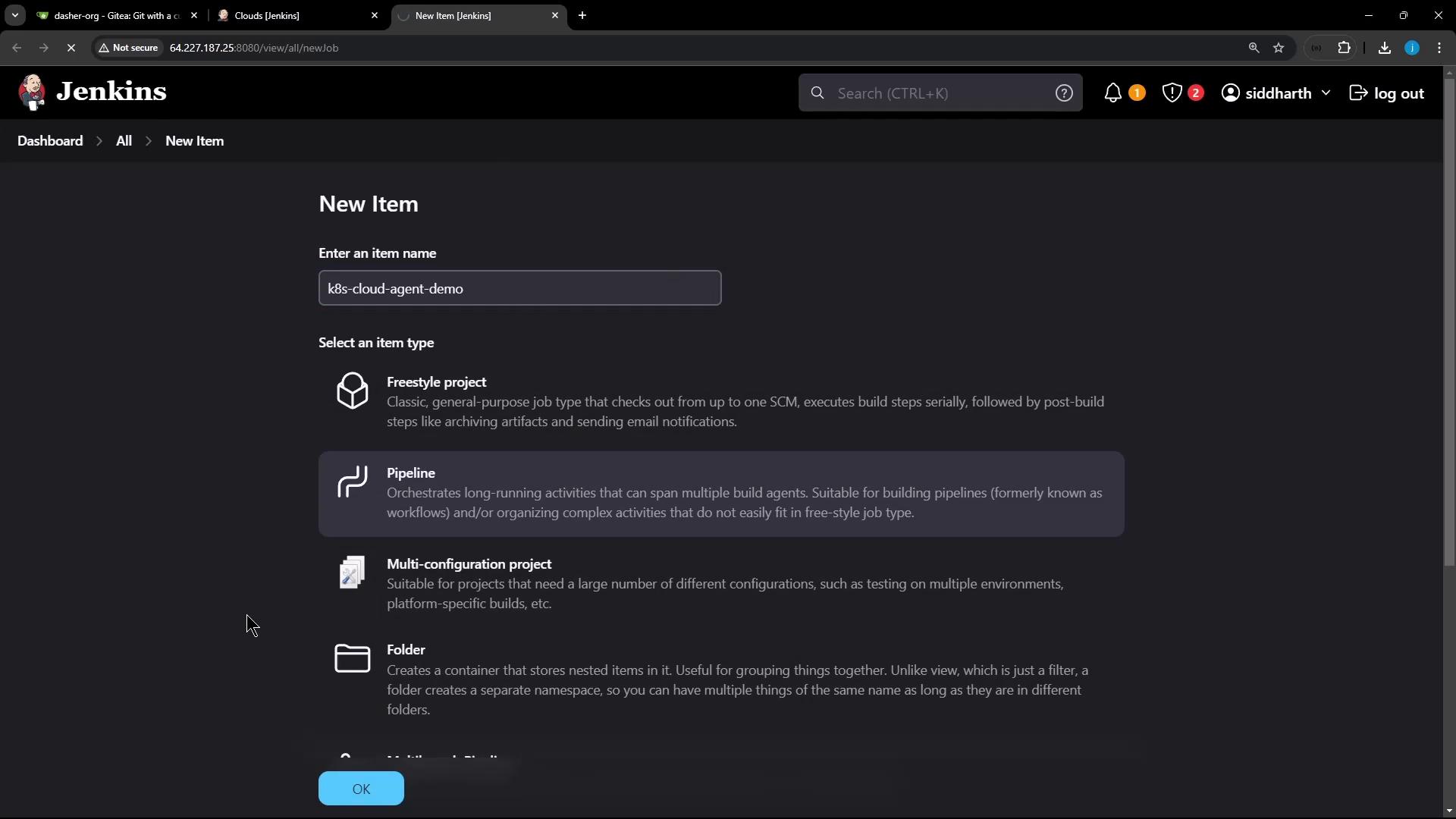 The image shows a Jenkins interface where a user is creating a new item named "k8s-cloud-agent-demo." Various project types like Freestyle, Pipeline, and Multi-configuration are listed as options.