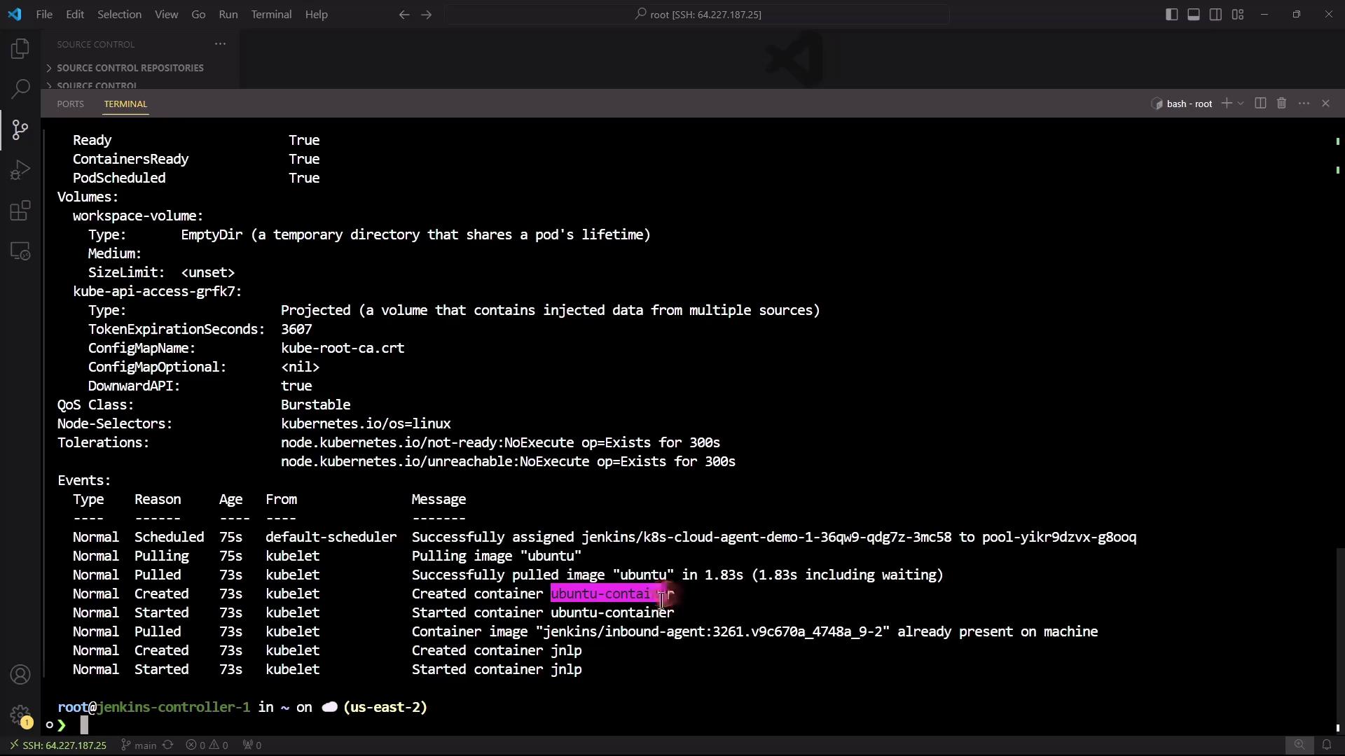 The image shows a terminal window displaying Kubernetes pod information, including volume details and event logs related to container creation and scheduling.