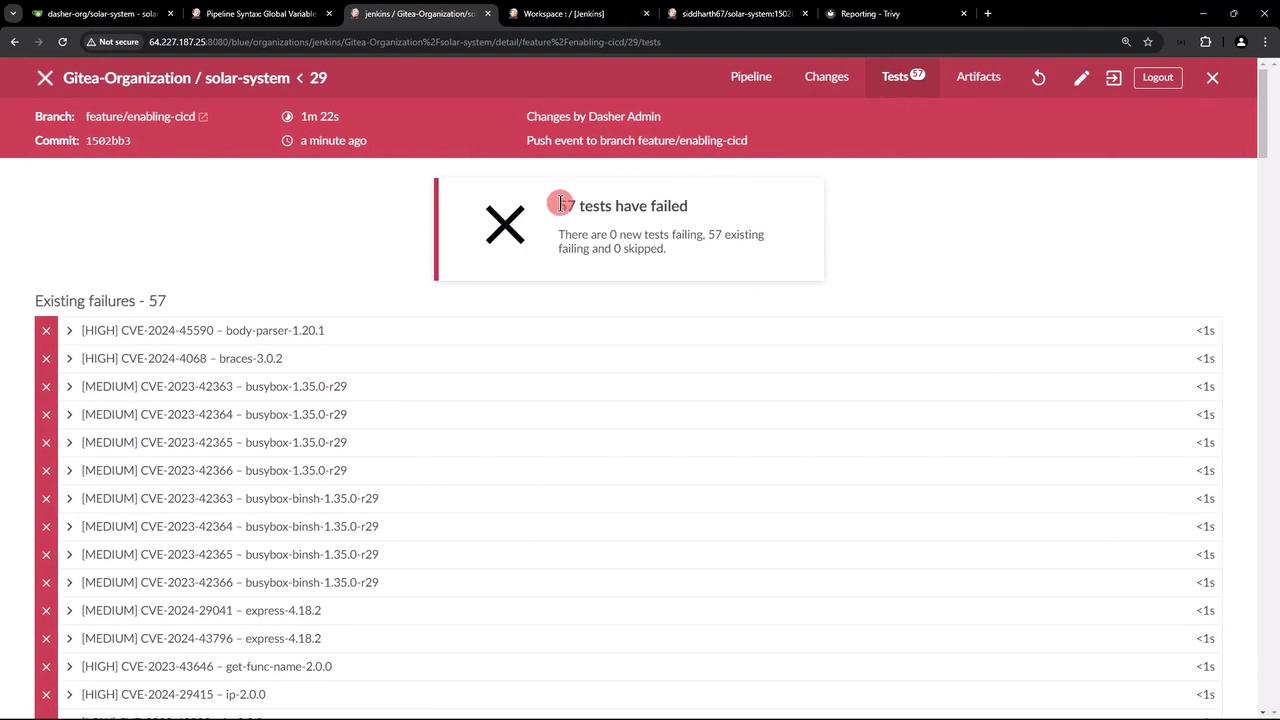 The image shows a test report from a CI/CD pipeline indicating that 57 tests have failed, with details of existing failures including various CVE vulnerabilities.