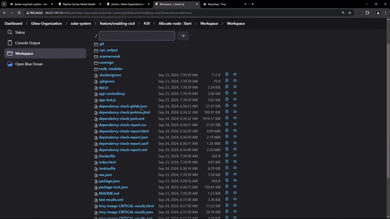 The image shows a Jenkins workspace interface displaying a list of files and folders with their names, sizes, and timestamps.